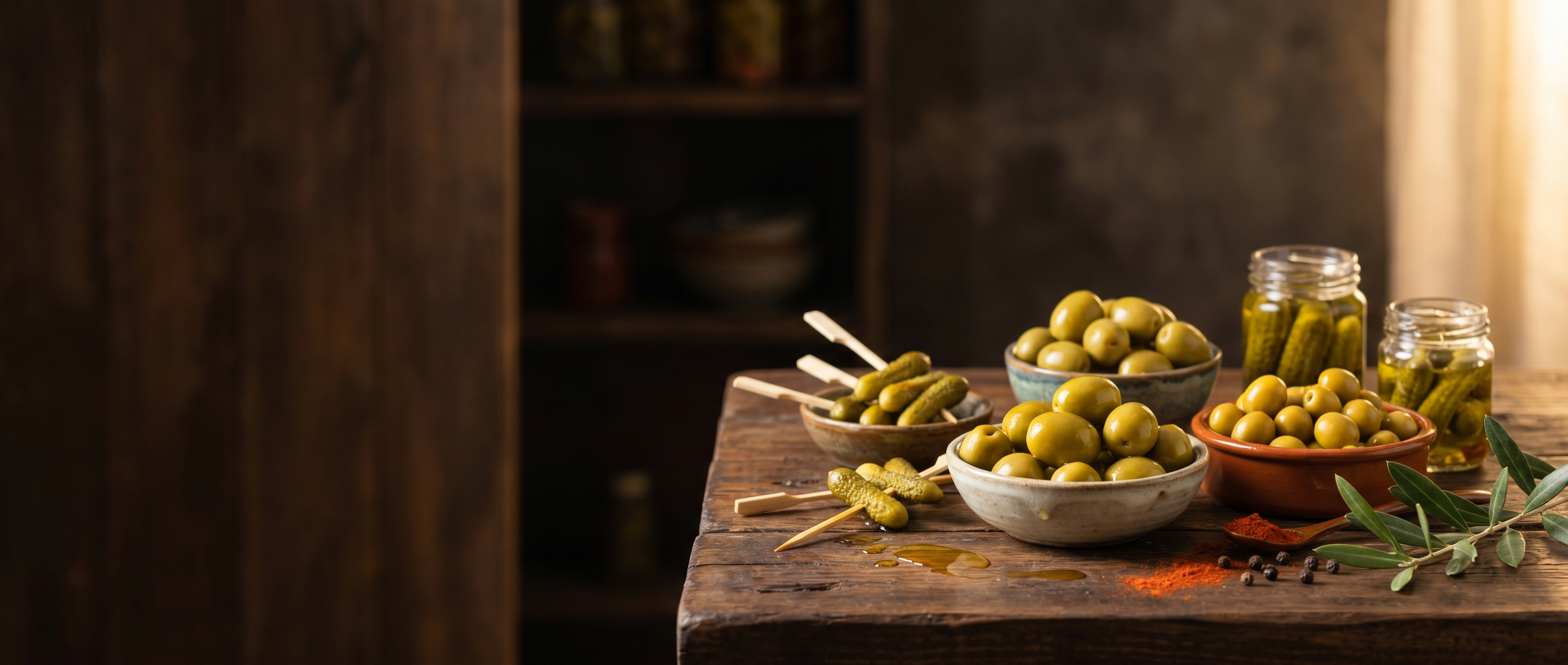 Aceitunas y encurtidos gourmet Ben-Hur Selección sobre mesa de madera